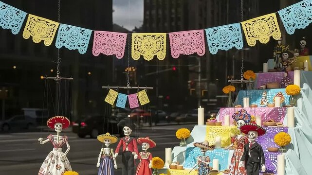 Vibrant D&iacute;a de Muertos Celebration with Papel Picado Banners, Traditional Ofrendas, and Decorated Calaveras in City