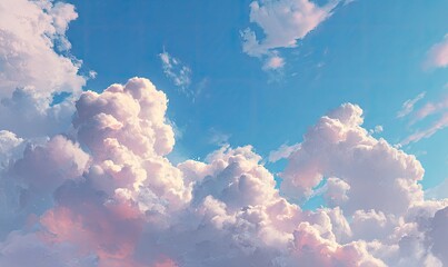 Naklejka premium Pastel cloudscape, soft hues of pink and white cumulus clouds against a vibrant blue sky