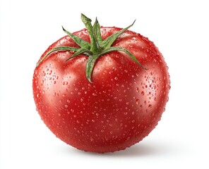 Single, ripe tomato, wet with water droplets, vibrant red color, isolated on white background