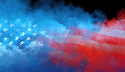 American flag surrounded by red and blue smoke over black background, ideal for patriotic concepts