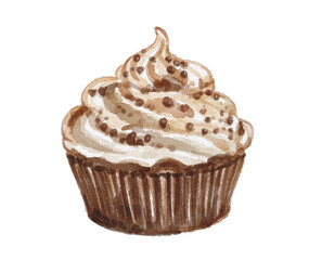 Hand painted watercolor cream cupcake isolated