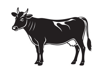 Black and White Cow Silhouette in Side View on White Background Vector Illustration.