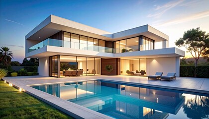 Modern Luxury Villa with Pool at Dusk