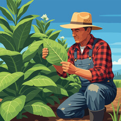 Farmer Inspecting Crop Plants in Field with Red Plaid Shirt