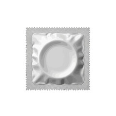 A sealed, silver-colored condom packet, square-shaped, isolated on a white background.