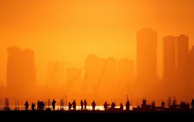 Fototapeta premium Silhouettes of construction workers building new skyscrapers at sunset with cranes and buildings in the background