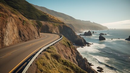 Scenic road trip along a coastal highway with cliffs and ocean views , Scenic coastal highway winding along a dramatic cliffside overlooking the ocean on a sunny day