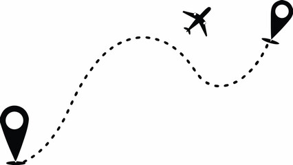 Airplane flying along a dotted line between two location markers on a map