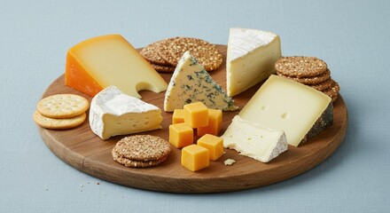 Fototapeta premium Gourmet Cheese Board: A Culinary Delight of Diverse Cheeses and Crackers