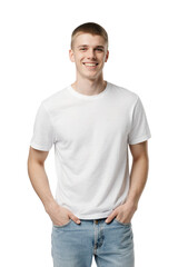 Obraz premium Young man wearing white t-shirt and blue jeans, isolated on transparent background