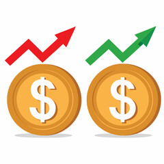 Coins with dollar sign and up arrows indicating financial growth and decline