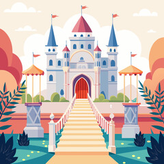 Fairytale castle with grand entrance and gardens isolated on white background