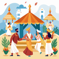 Fototapeta premium People in traditional attire celebrating a festival isolated on white background