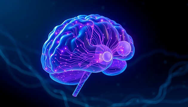 Glowing futuristic brain with neural network connections and blue purple lighting