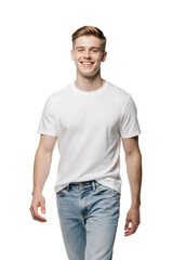 Fototapeta premium Young man wearing white t-shirt and blue jeans, isolated on transparent background