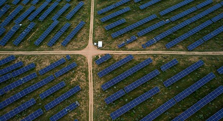 Aerial view of a vast solar farm with intersecting dirt paths creating a symmetrical pattern