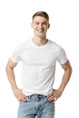 Fototapeta premium Young man wearing white t-shirt and blue jeans, isolated on transparent background