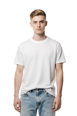 Obraz premium Young man wearing white t-shirt and blue jeans, isolated on transparent background