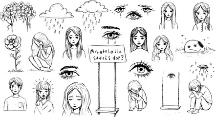 Fototapeta premium Line art collection: Hand-drawn sketches of emotional distress, featuring sad faces, weeping eyes, crying figures, melancholic symbols, and elements of loneliness.