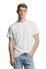 Obraz premium Young man wearing white t-shirt and blue jeans, isolated on transparent background