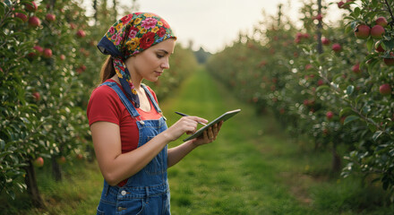 Female farmer using a digital tablet for data collection in a modern apple orchard. Smart agriculture and agritech concept.