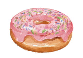 Watercolor pink donut isolated on white background