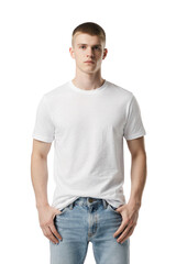 Fototapeta premium Young man wearing white t-shirt and blue jeans, isolated on transparent background