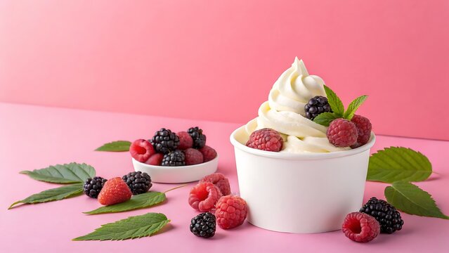 Delicious frozen yogurt swirl topped with fresh raspberries and blackberries, served in a white cup with mint leaves on a pink background - Powered by Adobe