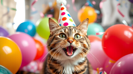 Happy cat wearing a colorful party hat surrounded by balloons and confetti at a joyful celebration indoors