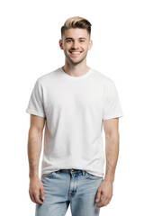 Obraz premium Young man wearing white t-shirt and blue jeans, isolated on transparent background