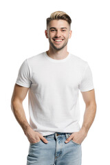 Fototapeta premium Young man wearing white t-shirt and blue jeans, isolated on transparent background