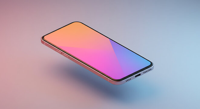 3D rendered smartphone mockup with a colorful gradient screen. The device is levitating, ideal for showcasing mobile app or web user interface designs.