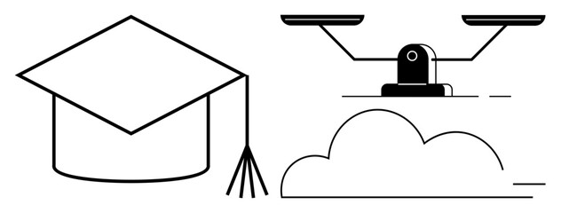 Graduation cap next to balance scale resting on a cloud. Represents education, fairness, equality, aspiration, achievement, wisdom, and harmony. Ideal for education justice ethics legal equality