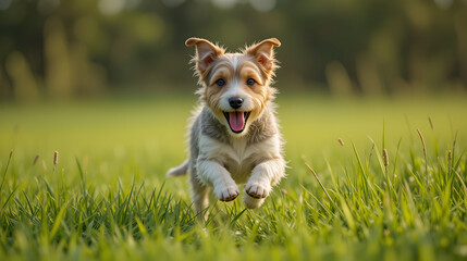 Playful happy active terrier dog running in the grass. Puppy hyperactivity. Dogs or pets concept.