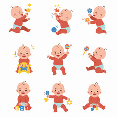 Cute cartoon babies in various playful poses, interacting with colorful toys like rattles, blocks, and balls, illustrating happy childhood development.