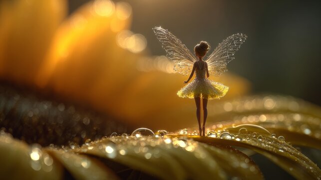 A fairy in golden light, walking on dewdrops at dawn