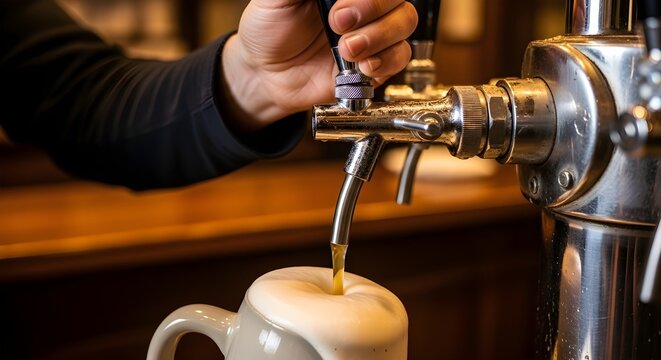 Close-up of a bartender's hand pouring a cold, frothy lager from a beer tap into a ceramic mug at a bar.