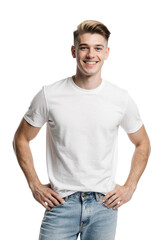 Obraz premium Young man wearing white t-shirt and blue jeans, isolated on transparent background
