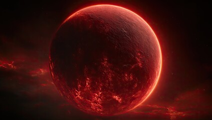 Fiery red planet, glowing intensely in dark space