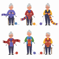 Set of illustrations depicting grandmothers happily knitting colorful scarves, enjoying their hobby and crafting handmade items.