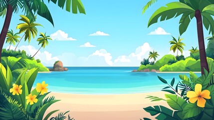 Fototapeta premium Tropical beach scene with lush foliage and a tranquil ocean.