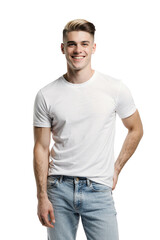 Fototapeta premium Young man wearing white t-shirt and blue jeans, isolated on transparent background