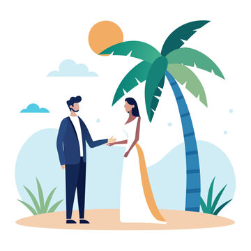 Couple holding hands on a tropical beach under a palm tree isolated on white background