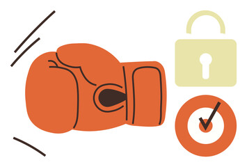 Boxing glove in motion with a padlock and target highlighting strength, protection, and achievement. Ideal for security, goal-setting, strategy, resilience, competition, problem-solving motivation
