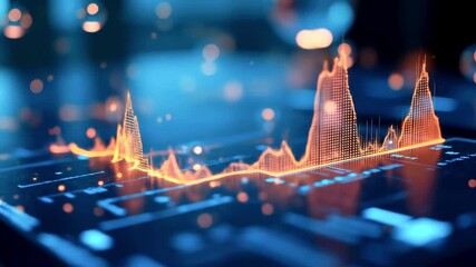 Abstract visualization of data analytics with glowing waveforms and floating elements in a tech environment - Powered by Adobe