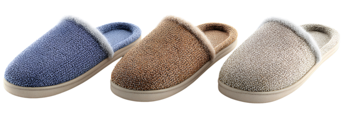  3D render of three different slippers in blue, brown, and beige colors on a Transparent background PNG