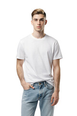 Fototapeta premium Young man wearing white t-shirt and blue jeans, isolated on transparent background
