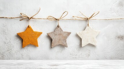 Decorative Star Ornaments Hanging on Twine Against a Textured White Background for Festive Decor