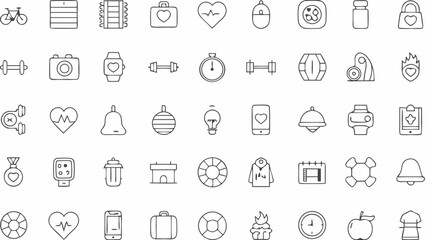 Fototapeta premium Collection of various outline icons representing fitness health and wellness related objects and symbols silhouette