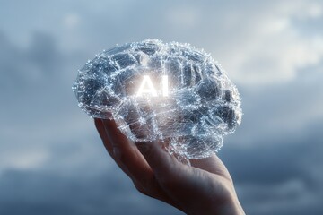 Hand holds a digital brain with AI graphic, cloudy sky background